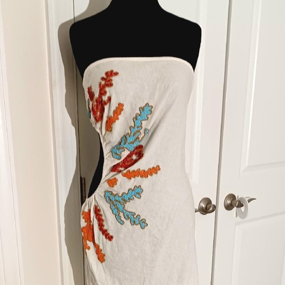 ANTHROPOLOGIE Celandine Strapless Cutout Linen Blend Beaded Dress - Picture 4 of 9